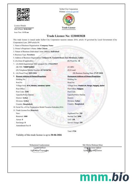 Bangladesz Sylhet Trade license Word i szablon PDF